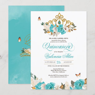 Invitation Turquoise Bleu Rose Golden Tiara Butterfly Quince