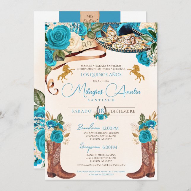 Invitation Turquoise Bleu Rose Ouest Charro Quinceañera (Devant / Derrière)