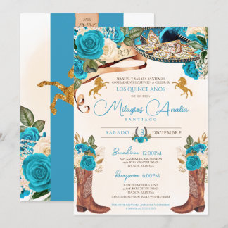 Invitation Turquoise Bleu Rose Ouest Charro Quinceañera