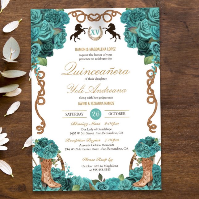 Invitation Turquoise Bleu Rose Ouest Charro Quinceanera (Créateur téléchargé)