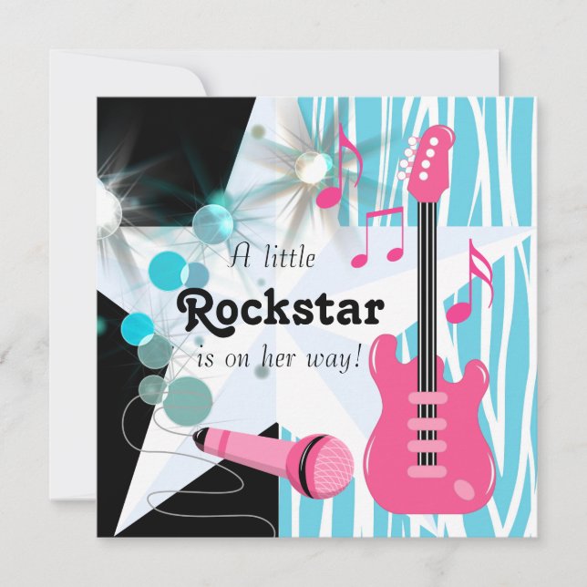 Invitation Turquoise bleu rose Zebra Rockstar Baby Girl Douch (Devant)