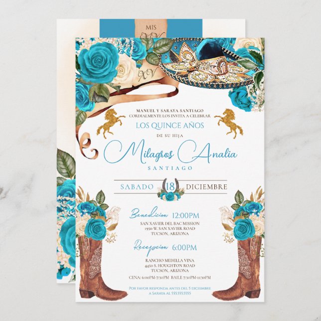 Invitation Turquoise Bleu Roses Fancy Charro Quinceanera (Devant / Derrière)