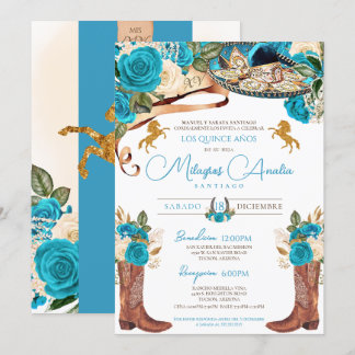Invitation Turquoise Bleu Roses Fancy Charro Quinceanera