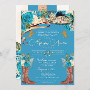 Invitation Turquoise Bleu Roses Fancy Charro Quinceañera