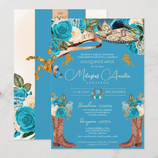 Invitation Turquoise Bleu Roses Fancy Charro Quinceañera