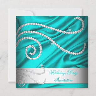Invitation Turquoise Bleu Soie Diamants Blancs Anniversaire