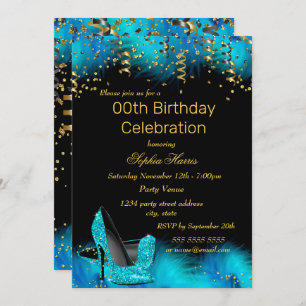 Invitation Turquoise Bleu Talon or parties scintillant de plu
