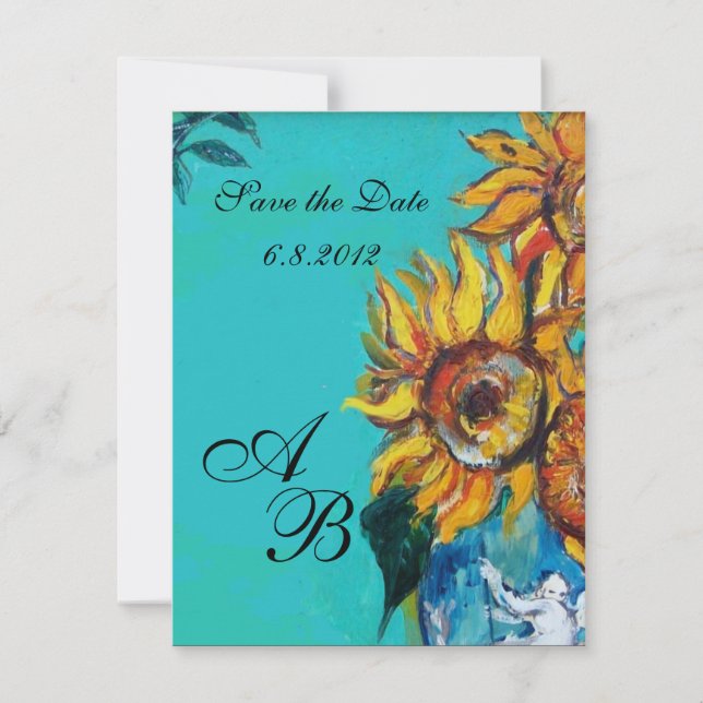 INVITATION TURQUOISE BLEU TOURNESOLS ÉTÉ PARTY MONOGRAMME (Devant)