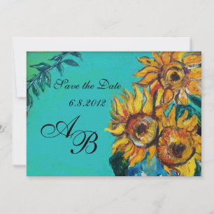 INVITATION TURQUOISE BLEU TOURNESOLS FÊTE D'ÉTÉ MONOGRAMME
