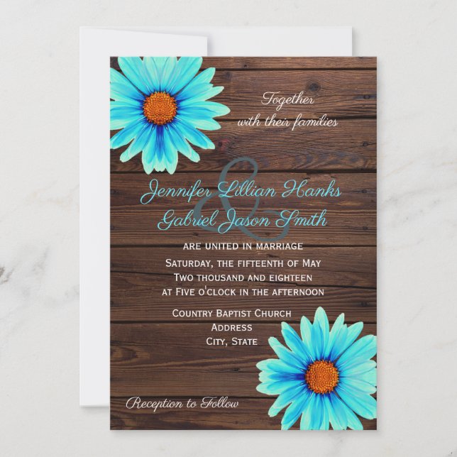 Invitation Turquoise bleu turquoise floral, mariage en bois r (Devant)