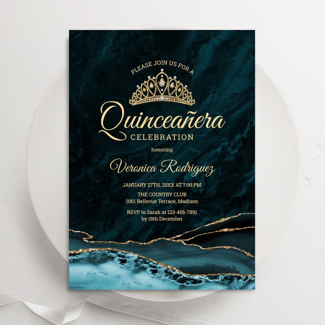 Invitation Turquoise bleu Turquoise or Quinceanera Agate Marb (Créateur téléchargé)
