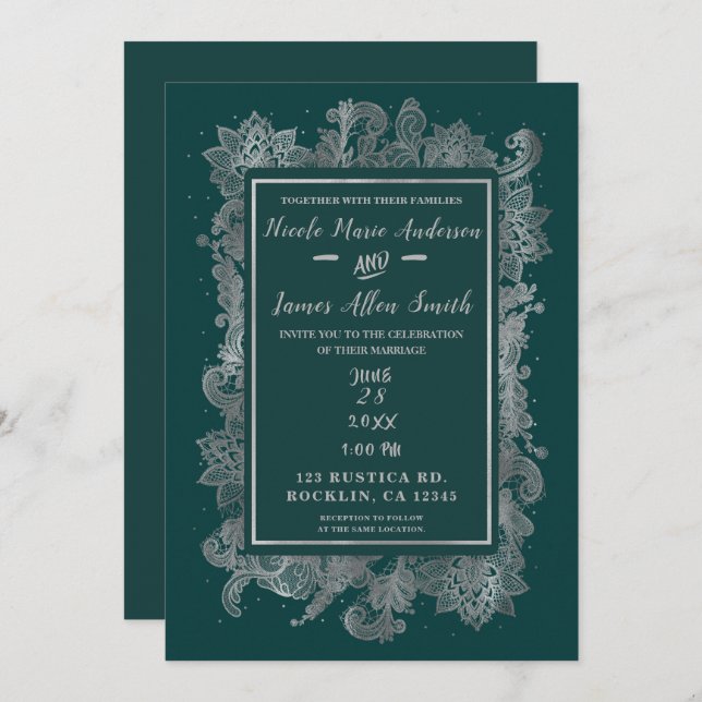 Invitation Turquoise bleu vert et argent Élégant Mariage flor (Devant / Derrière)