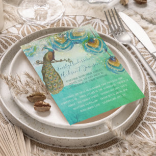 Invitation Turquoise Bleu Vert et Cuivre Peacock Feather