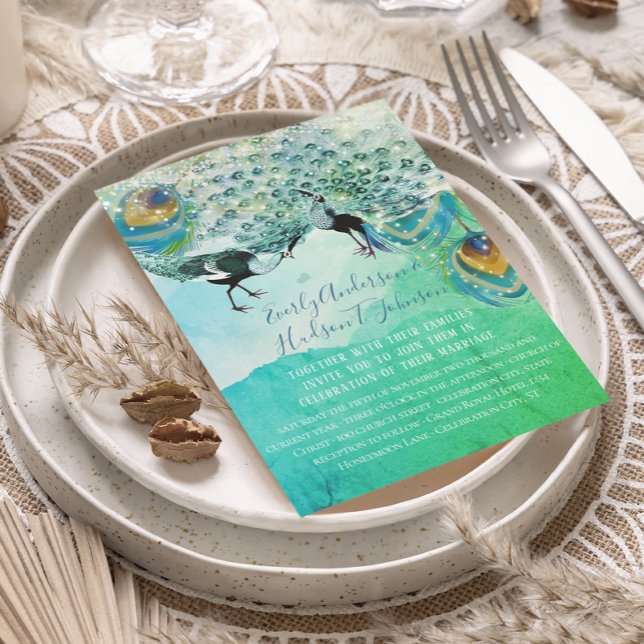 Invitation Turquoise Bleu Vert et Cuivre Peacock Feather (Créateur téléchargé)