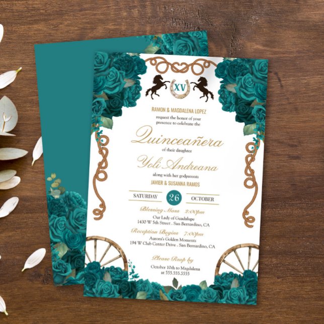 Invitation Turquoise Bleu Vert Rose Pays Ouest Quinceanera (Créateur téléchargé)