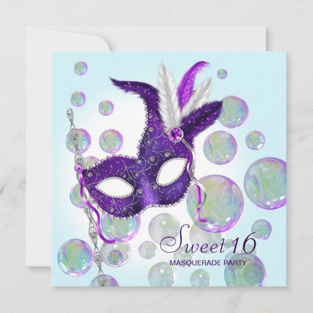 Invitation Turquoise bleu violet bulles Sweet sixteen mascara (Devant)