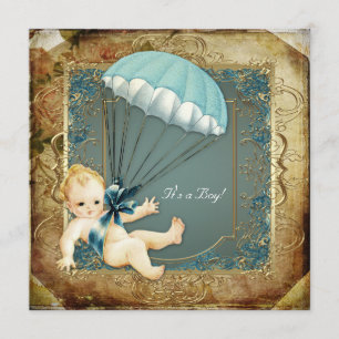 Invitation Turquoise Blue and Gold Boys Baby shower Vintage