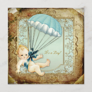 Invitation Turquoise Blue and Gold Boys Baby shower Vintage