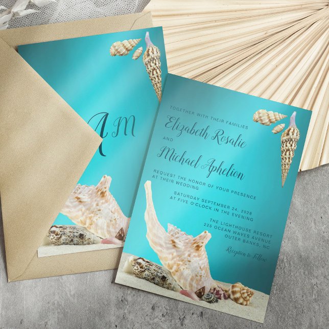 Invitation Turquoise Blue Aqua Seashell Beach Mariage (Créateur téléchargé)