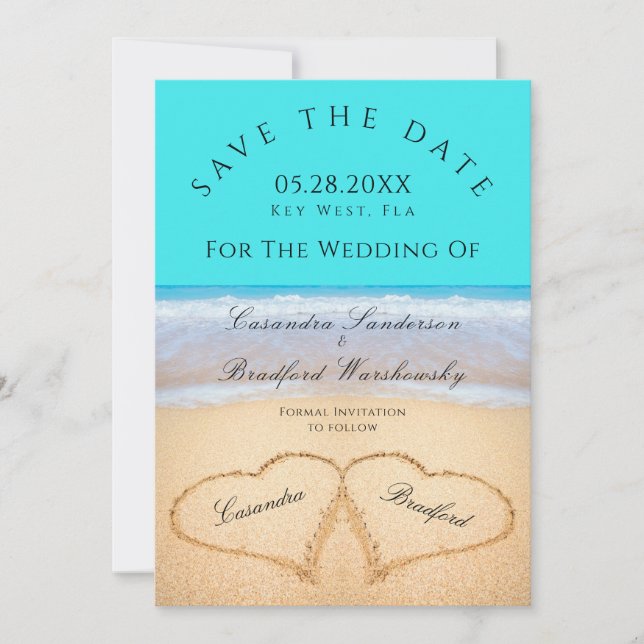 Invitation Turquoise Blue Beach Mariage 2 Coeurs dans le sabl (Devant)
