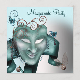 Invitation Turquoise Blue Birthday Masquerade Party
