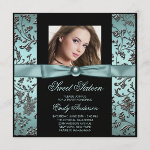 Invitation Turquoise Blue Black Damask Photo Sweet 16 Party