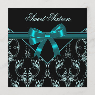 Invitation Turquoise Blue Black Damask Sweet 16 Party
