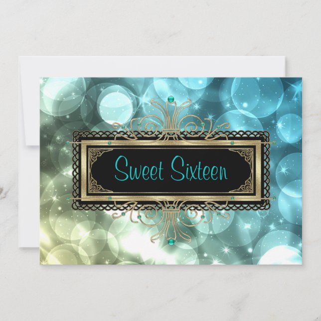 Invitation Turquoise Blue Black Gold Sweet sixteen fête d'ann (Devant)