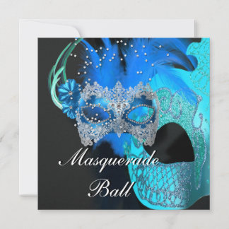 Invitation Turquoise Blue Black Masquerade Ball Party