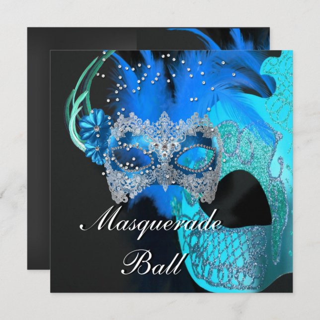 Invitation Turquoise Blue Black Masquerade Ball Party (Devant / Derrière)