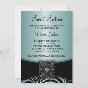 Invitation Turquoise Blue Black Zebra Sweet sixteen Party