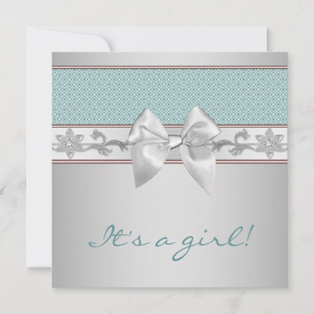Invitation Turquoise Blue Bow Baby Girl Douche (Devant)