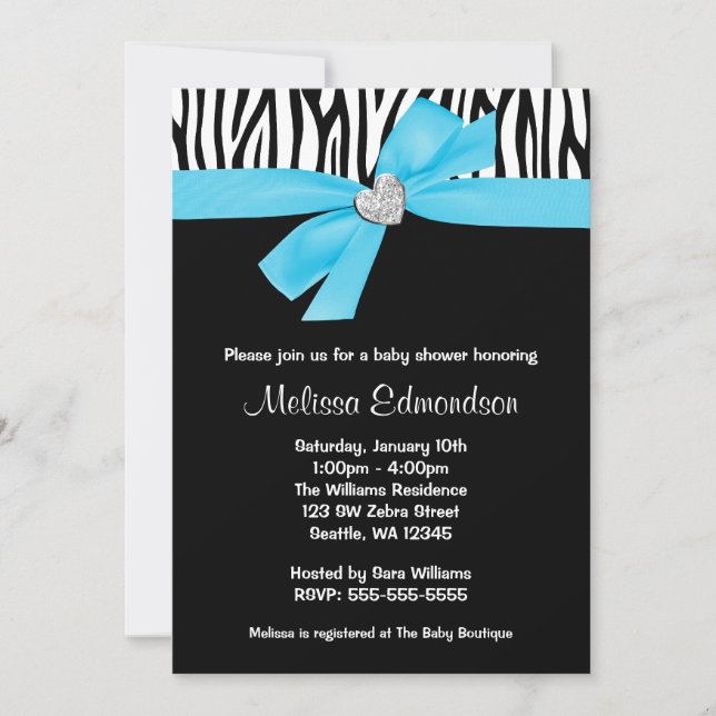 Invitation Turquoise Blue Bow Diamond Heart Zebra Baby shower (Devant)
