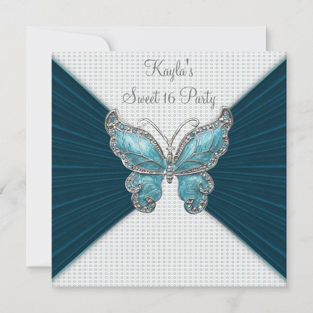 Invitation Turquoise Blue Butterfly Sweet sixteen Anniversair (Devant)