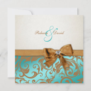 Invitation Turquoise Blue & Caramel Damask avec arc en diaman