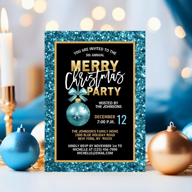 Invitation Turquoise Blue Christmas PARTY Black Gold Parties  (Turquoise Blue Christmas PARTY Black Gold Glitter Invitation)