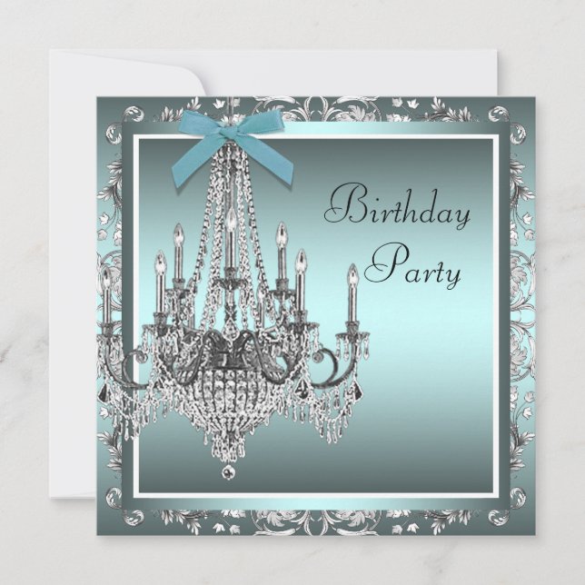 Invitation Turquoise Blue Damask Chandelier fête d'anniversai (Devant)