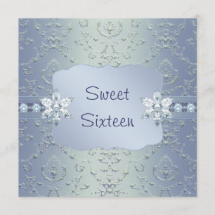 Invitation Turquoise Blue Damask Shimmer Sweet sixteen Invita