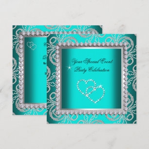 Invitation Turquoise Blue Damask Silver Diamonds Heart Party