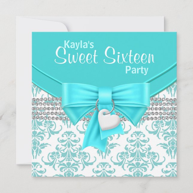 Invitation Turquoise Blue Damask Sweet 16 Party (Devant)