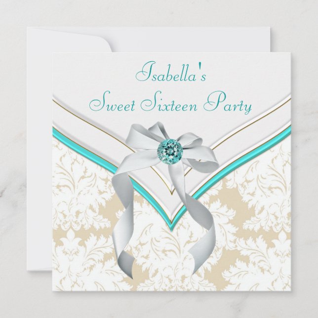 Invitation Turquoise Blue Damask Sweet 16 Party (Devant)