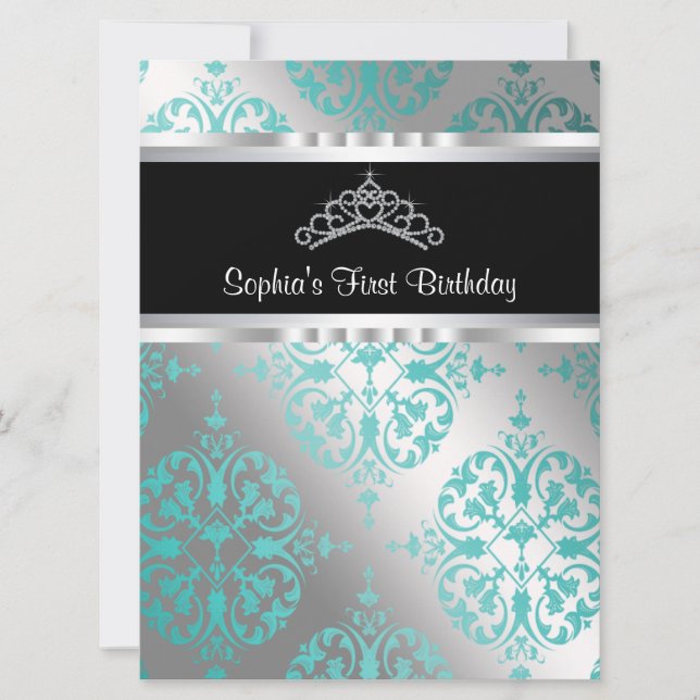 Invitation Turquoise Blue Damask Tiara Princess Parc d'annive (Devant)