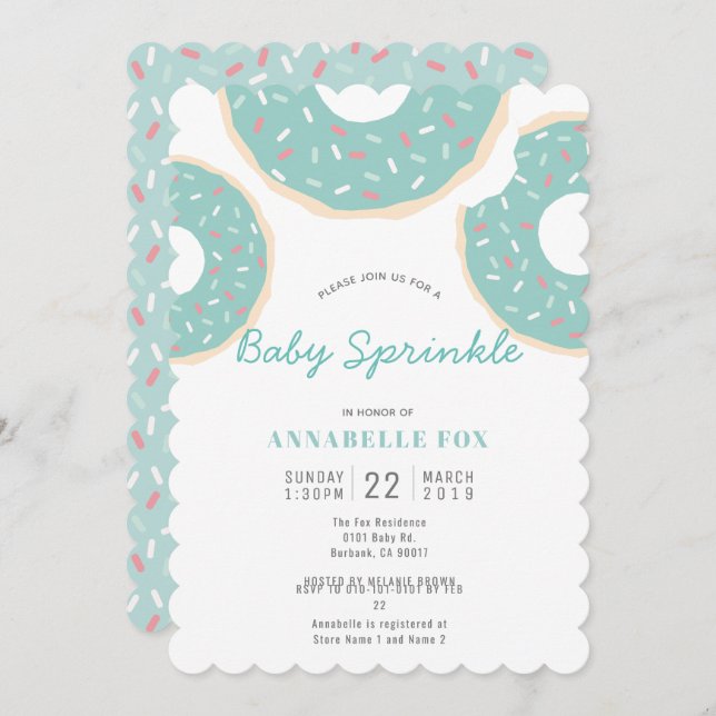 Invitation Turquoise Blue Donut Baby Sprinkle Douche (Devant / Derrière)