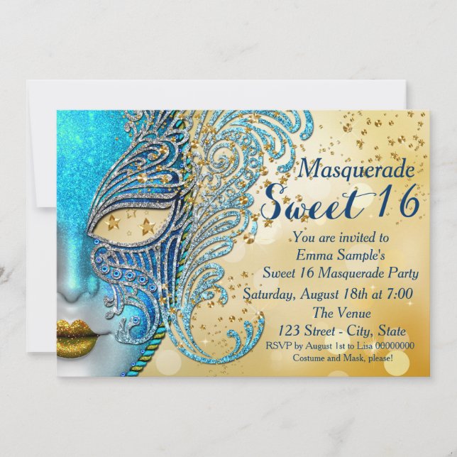 Invitation Turquoise Blue et Gold Sweet 16 Masquerade Party (Devant)
