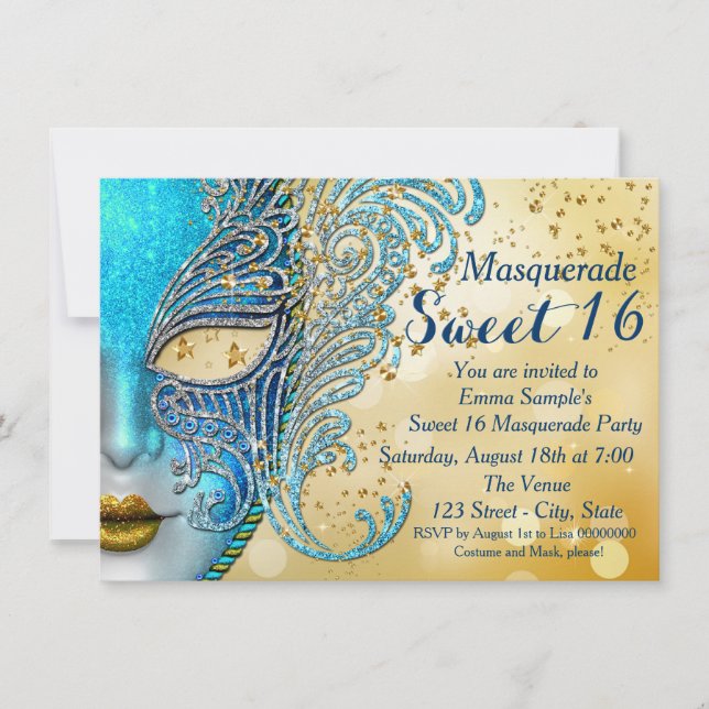 Invitation Turquoise Blue et Gold Sweet 16 Masquerade Party (Devant)