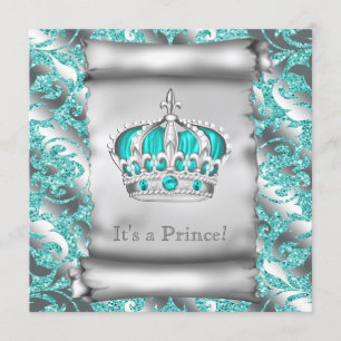 Invitation Turquoise Blue et Silver Prince Boy Baby shower