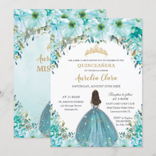 Invitation Turquoise Blue Floral Princess Crown Quinceañera