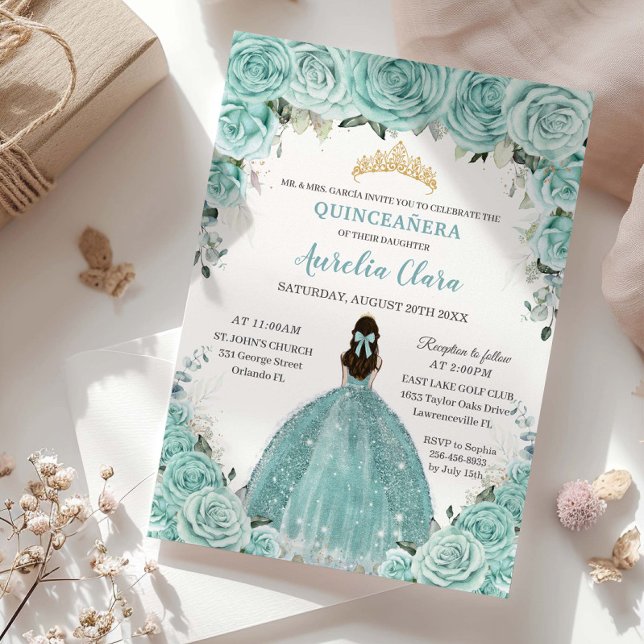Invitation Turquoise Blue Floral Princess Gold Quinceañera (Soft Turquoise Blue Roses gold quinceanera xv sweet 15 16 birthday invitation printed card template )