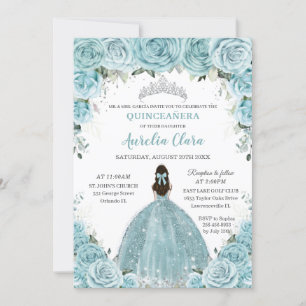 Invitation Turquoise Blue Floral Princesse Silver Quinceañera