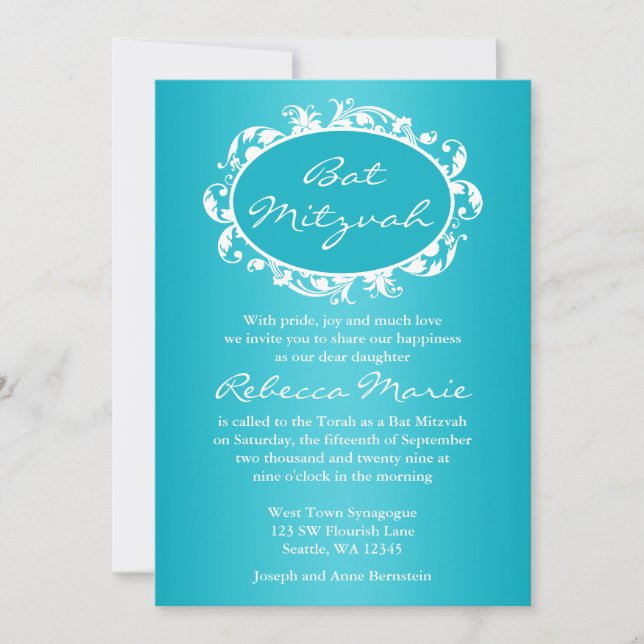 Invitation Turquoise Blue Flourd Bat mitzvah de cadre (Devant)